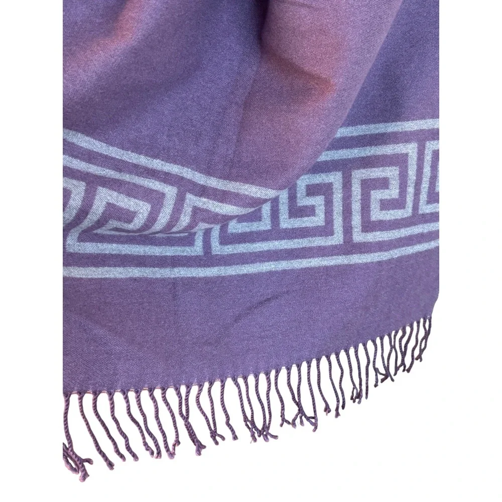 Alpaca Wool Scarf Purple Grey Greek Key Reversible Wrap OS Peru Fringe Shawl